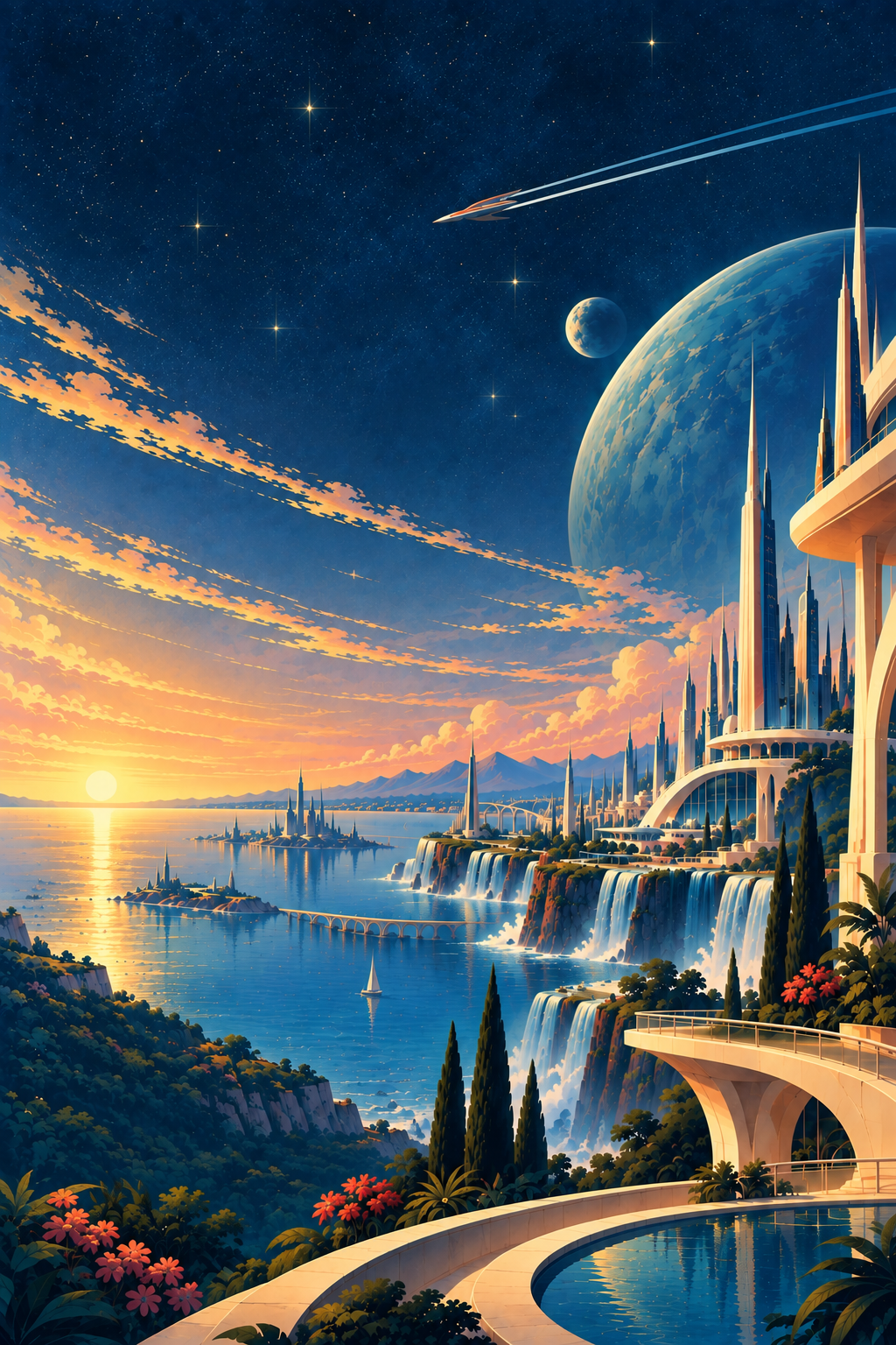 Retro-futurist cliffside city above a sunset bay