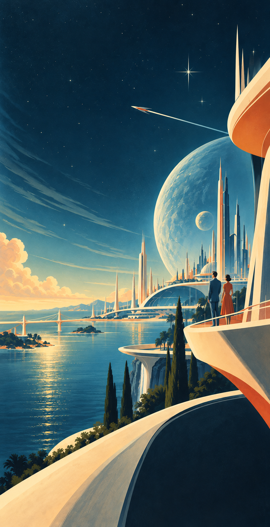 Retro-futurist shoreline city at dusk