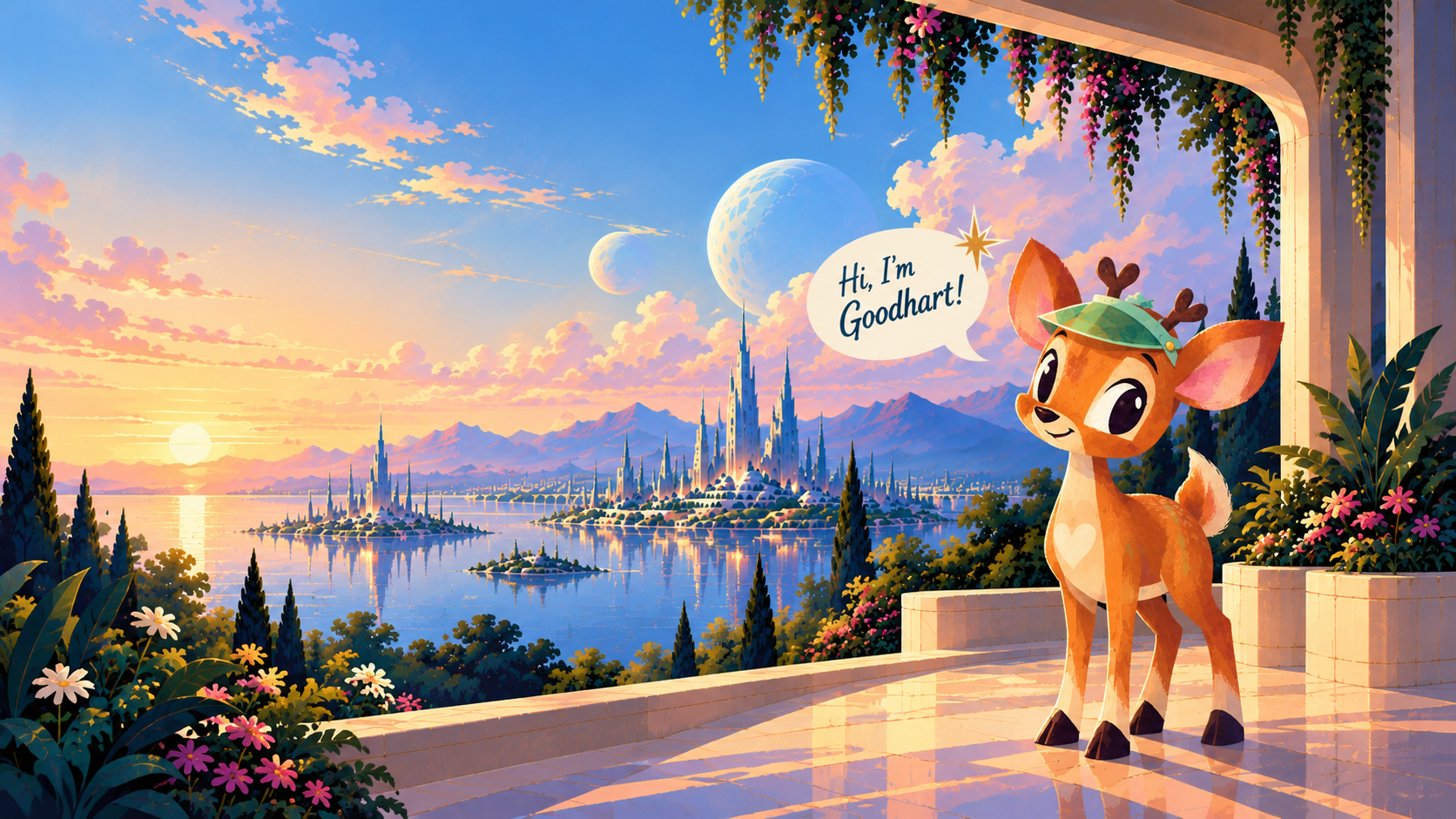 Goodhart the fawn on a terrace above a spired city