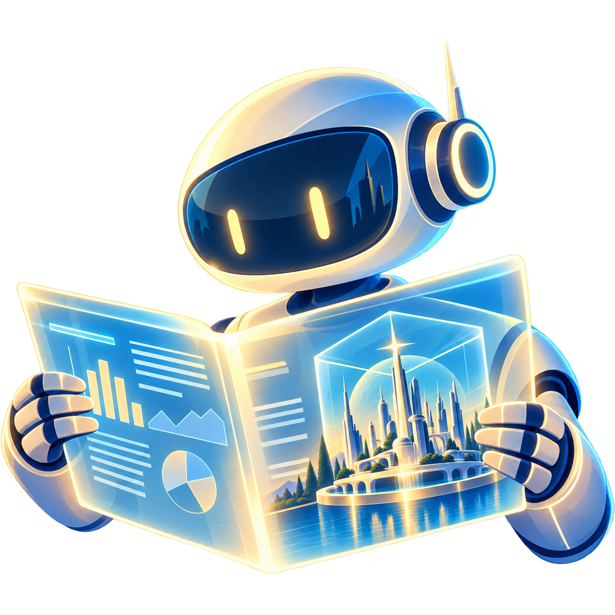 A robot reading a glowing report