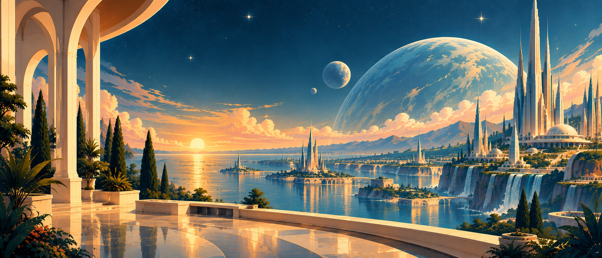 Retro-futurist terrace overlooking a spired city at sunset