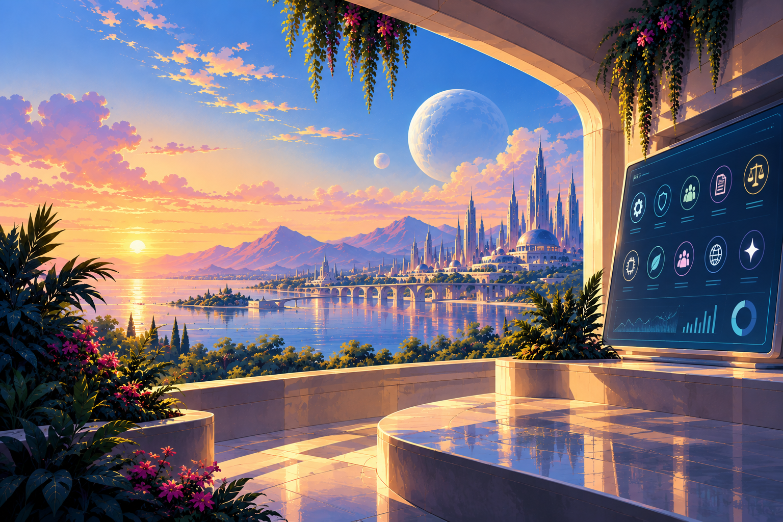A terrace reading room looking out over a spired city